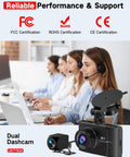 4K Front And 2.5K Rear Dash Cam With Free 64GB Card Included displayed with certifications