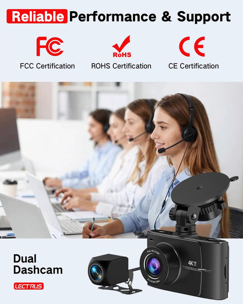 4K Front And 2.5K Rear Dash Cam With Free 64GB Card Included displayed with certifications