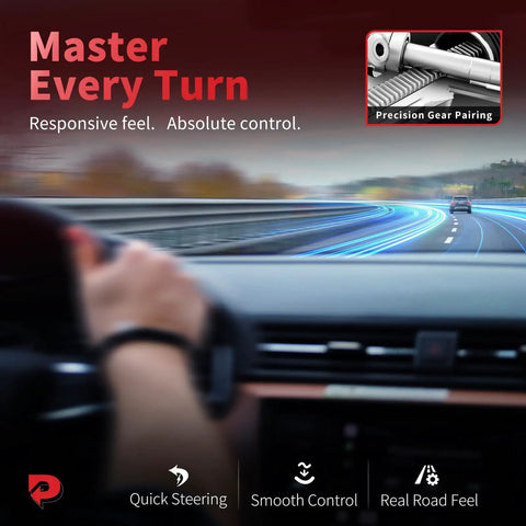 Driver steering on highway showcasing benefits of precision gear pairing for effective control, highlighting quick steering and smooth control.