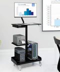 Heavy Lifter Mobile Workstation Cart With No Sweat Rolling Casters And Fully Adjustable Gas Spring Monitor Stand Plus Secure CPU Tray For Seamless Standing Desk Transitions In Matte Black with monitor and CPU setup.