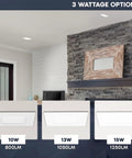16 Pack 6 Inch Canless Led Recessed Lights With Built In J Box, showcasing 3 wattage options in a modern living room setting.