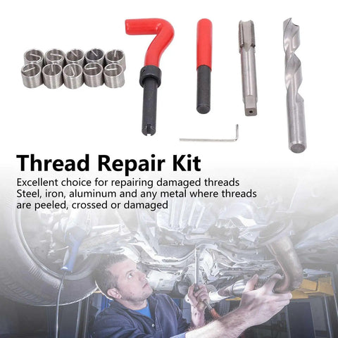 M14x1.5mm Thread Repair Kit With Stainless Steel Inserts, HSS Drill And Tap shown with tools and metal thread inserts