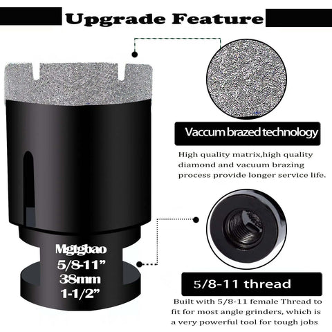 Mgtgbao dry diamond core drill bit, 38mm (1-1/2"), vacuum brazed, 5/8-11 thread