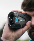 Person using Pro ZR Golf Laser Rangefinder with DuraShield Hardshell and Cart Magnet, Fast Target Lock and Rapid Fire Detection, 1500 Yard Range