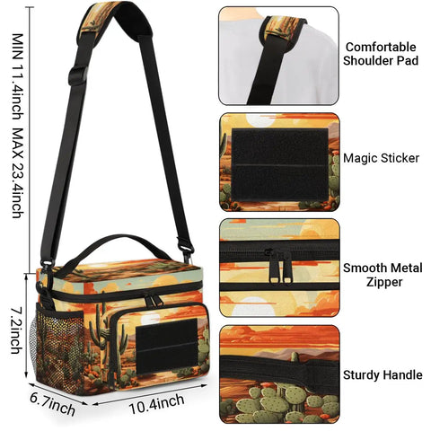 Flower Cactus Desert Tactical Lunch Bag For Men And Women Insulated, showing adjustable shoulder strap and pockets