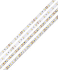 Close-up of Lit 200 LED Tape Light Kit, 12V Warm White 3000K, 16.4 ft Roll, showing LED placement, UL Listed for indoor damp location use.