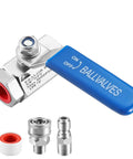 Beefed-Up 3/8 Inch Quick Connect Shut Off Ball Valve For Pressure Washer Hose Stainless Steel 5000 PSI with blue lever