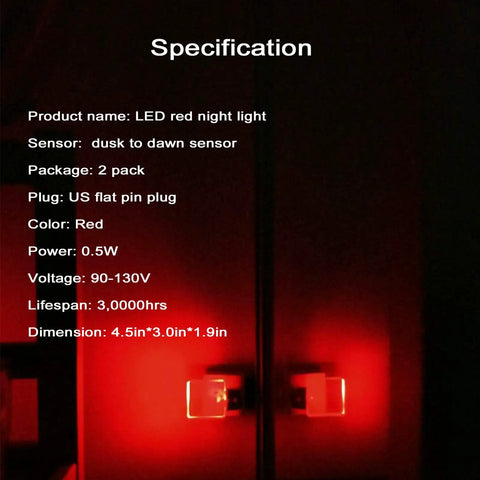 2 Pack Plug In Red Night Lights With Dusk To Dawn Sensor Zero Point Five Watt LED Auto On Off Soft Red Glow