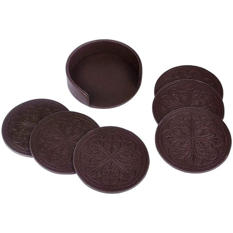 Skip Those Pesky Water Marks On Your Wood Using These Straight Up Durable PU Leather Drink Coasters Set Of Six With Classy Rose Embossing And Heavy Duty Holder For Game Room Or Patio Setup - set of six coasters with holder.