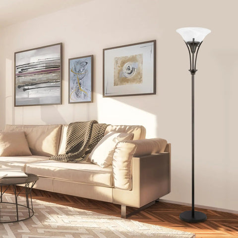 71 Inch Dark Bronze Floor Lamp With Alabaster Glass Shade in modern living room, rustic style for cozy vibe, warms the space