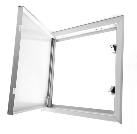 Heavy Duty 6X6 Inch Access Panel Door With Quick Push Lock fit for walls and ceilings, viewed from an open angle.