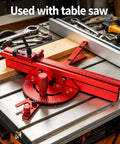 Precision Adjustable Miter Gauge For Table Saw With Solid Aluminum Fence and Smooth Ball Bearing Slide on table saw setup, red finish.