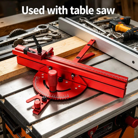 Precision Adjustable Miter Gauge For Table Saw With Solid Aluminum Fence and Smooth Ball Bearing Slide on table saw setup, red finish.