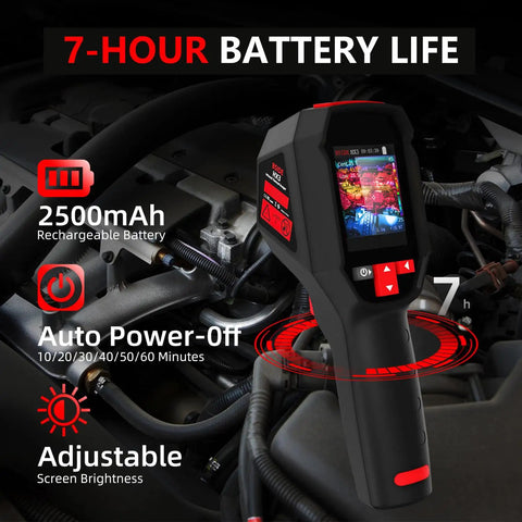 Rechargeable Handheld Infrared Thermal Camera With 240 By 240 Resolution, 15 Color Palettes, shown in use with car engine