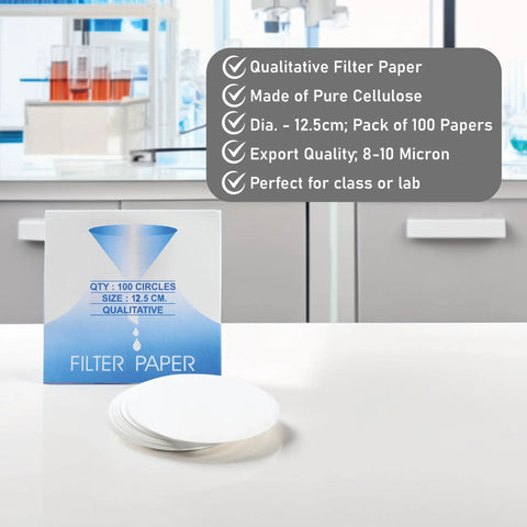 Box and stack of Pro Grade Qualitative Filter Paper 12.5 Cm Diameter Medium Speed 85 GSM 10 Micron Pore Size Pack Of 100 For Lab Filtration