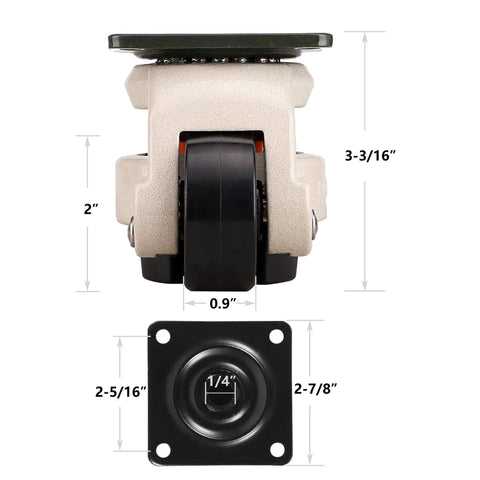 Built Tough Heavy Duty Leveling Casters Set Of 4 Retractable Machine Wheels With Firm Adjustable Feet For Industrial Equipment dimensions image, showing wheel size and mounting details.