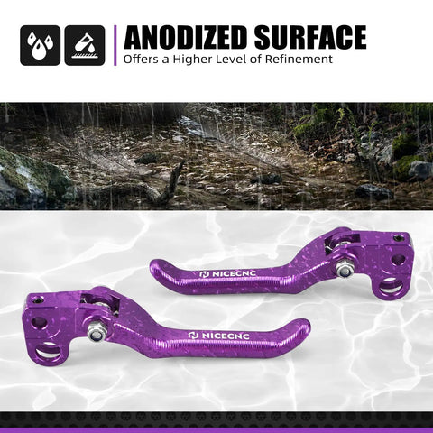 Foldable Front And Rear Brake Levers For Surron Light Bee X S L1E And Segway X160 X260 6061 Aluminum CNC Adjustable Clutch Levers With Durable Fold Design In Purple Finish showcasing anodized surface.