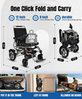 Foldable electric wheelchair for adults, brown with dual batteries; all-terrain, 330 lb capacity (front and side views).