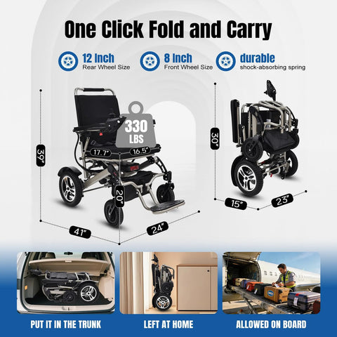 Foldable electric wheelchair for adults, brown with dual batteries; all-terrain, 330 lb capacity (front and side views).