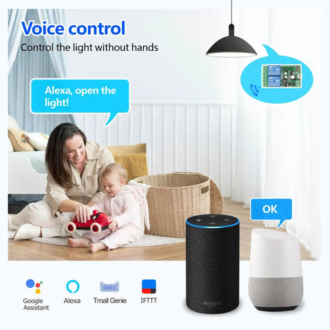 Two Channel WiFi Smart Relay Switch With 5V 12V 24V 36V DC Support Passive Output Ewelink App Control Works With Alexa And Google Home Inching And Self Locking Modes Remote On Off From Anywhere, voice control setup
