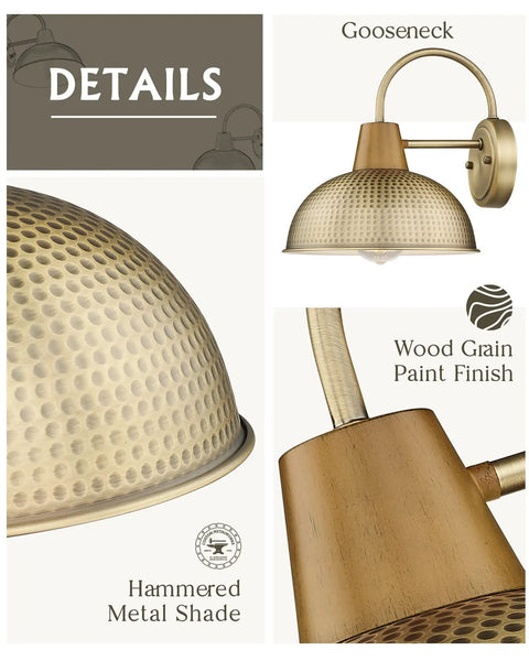 Details of Two Pack Outdoor Wall Lights With Hammered Metal Shade And Gooseneck Arm In Antique Brass Barn Style Sconce