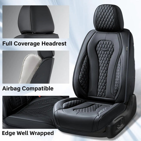 Dope Leather Car Seat Covers Full Set For Front And Back Seats, Black Waterproof Seat Protector with quilted design.