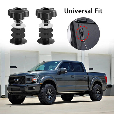 Tough As Nails Tonneau Cover Clamp Service Kit with elevator bolt assembly and slider knobs positioned next to a gray pickup truck.