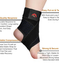 Two Pack Adjustable Ankle Brace For Sprains And Recovery Breathable Neoprene Support shown on foot with descriptions