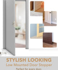 5 Pack 3 Inch Heavy Duty Solid Door Stop with Zinc Die Cast Body and Soft Bumper Tips shown in home and office settings