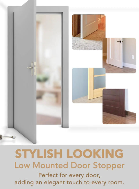 5 Pack 3 Inch Heavy Duty Solid Door Stop with Zinc Die Cast Body and Soft Bumper Tips shown in home and office settings