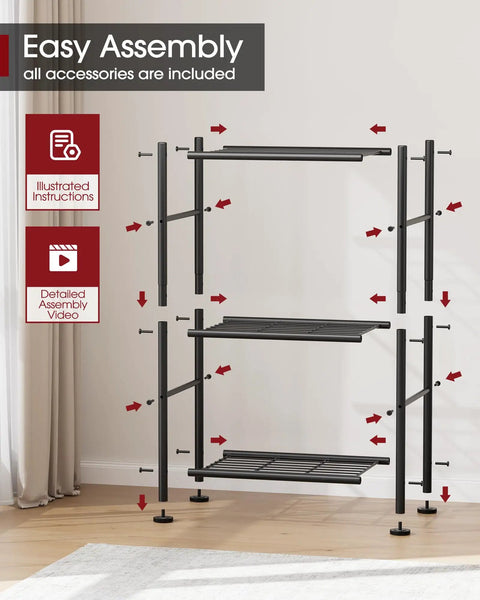 Three Tier Wire Shelving Unit With Adjustable Feet Heavy Duty Metal Organizer For Garage Pantry Laundry And Kitchen Space Saving Workhorse 18x12x30 Inches Black, assembly steps