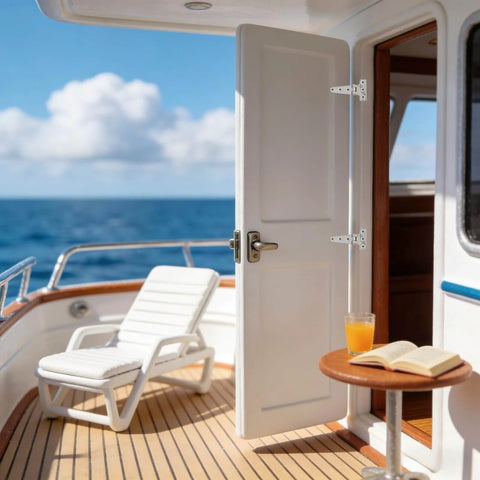 Heavy Duty Stainless Steel T Hinge Marine Grade 316 Hinges For Boat Hatches installed on white boat door
