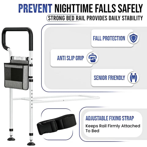Sturdy Bed Safety Rails With LED Light, Storage Pouch And Adjustable Bed Cane, showing anti-slip grip and adjustable fixing strap