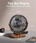 6.5 Inch USB Desk Fan With Quiet 3 Speed Settings, Ultra Portable Personal Mini Table Fan with wood grain base, dimensions labeled