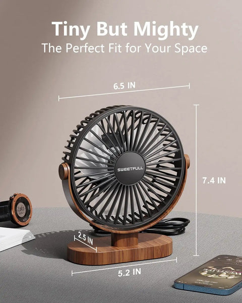 6.5 Inch USB Desk Fan With Quiet 3 Speed Settings, Ultra Portable Personal Mini Table Fan with wood grain base, dimensions labeled