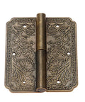 Grab This Set Of Five Pc Retro Brass Furniture Hinges 60 By 50 Mm Size With Swanky Antique Bronze Finish Ideal For Cabinets Drawers Doors And Jewelry Boxes Featuring Right And Left Styles For Smooth Operation And A Cool Look That Kicks It Up A Notch In: Close-up view of an ornate antique bronze hinge with floral design and central pin.