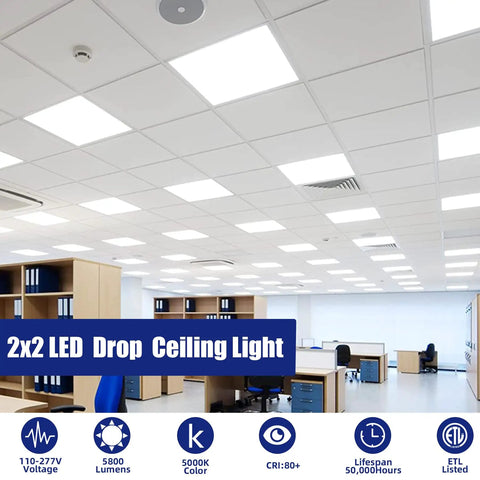 2x2 LED Flat Panel Light For Drop Ceiling Office Fixture Recessed Edge Lit 5000K Daylight 5800 Lumens 45W Installation