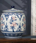 Large Ceramic Rice Jar And Flour Bin With Snap Lock Airtight Lids Authentic Chinese Good Fortune Design in blue and white.
