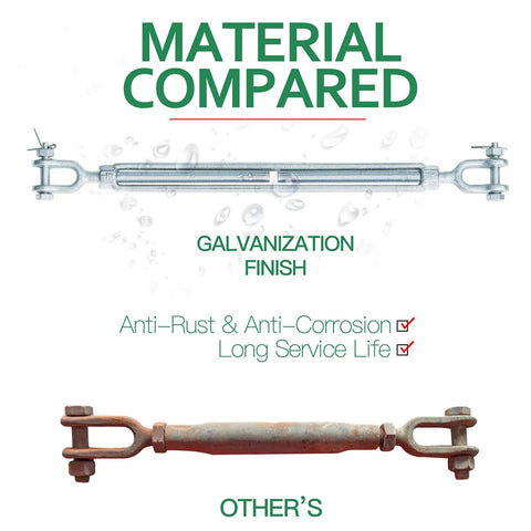 Material comparison showing Heavy Duty One Half Inch Jaw Jaw Turnbuckle Galvanized and a non-galvanized turnbuckle