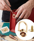 Premium Heavy Duty D Rings And Screws For Purses Shiny Gold Metal Rivets being installed on a red bag during crafting.