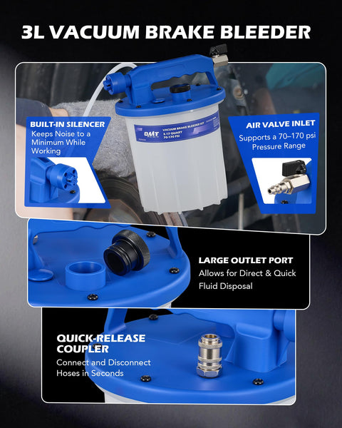 3L Vacuum Brake Bleeder Kit With Pneumatic Fluid Extractor showing built-in silencer and air valve inlet