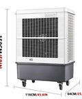 Built Tough Shop Grade Evaporative Air Cooler With Three Speed Fan Blades And Roll Away Casters For Garage Warehouse Cooling Massive 160 Liter Water Tank Swamp Chiller Unit side view showing dimensions and design.
