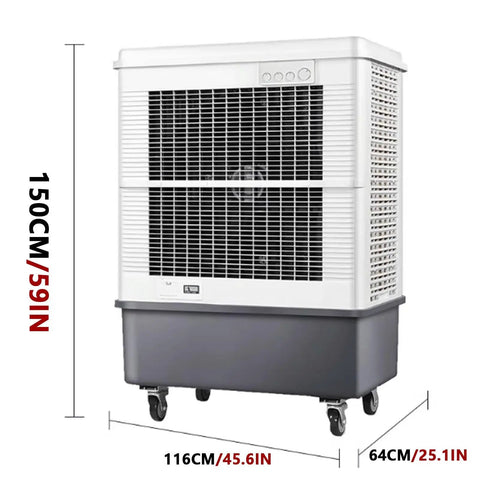 Built Tough Shop Grade Evaporative Air Cooler With Three Speed Fan Blades And Roll Away Casters For Garage Warehouse Cooling Massive 160 Liter Water Tank Swamp Chiller Unit side view showing dimensions and design.
