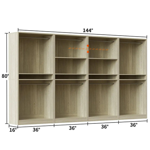 Built Different 12 Foot Modular Closet System With 8 Hanging Rods, Heavy Duty 4 Piece Wood Wardrobe Organizer With 2800 Lbs Capacity, White Oak Finish Wall To Wall Storage Shelves For Walk In Closets