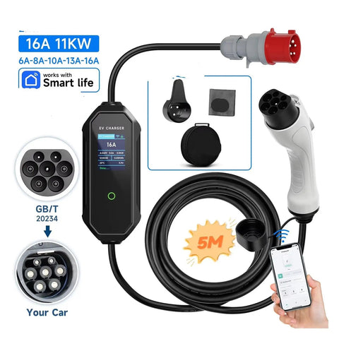 Portable 11Kw Type2 EV Charger With Wifi App Control And Gbt Adapter showing 16A charger with digital display and 5m cable.