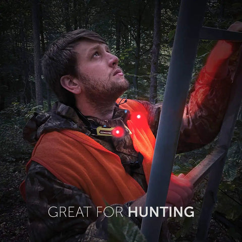 Man using Real Tree 300 Lumen Hands Free Neck Light With Red And White LEDs USB Rechargeable Water Resistant Wearable Neck Lamp For Hunting And Fishing Long Lasting Battery Easy Adjustable Comfort while climbing ladder in forest.