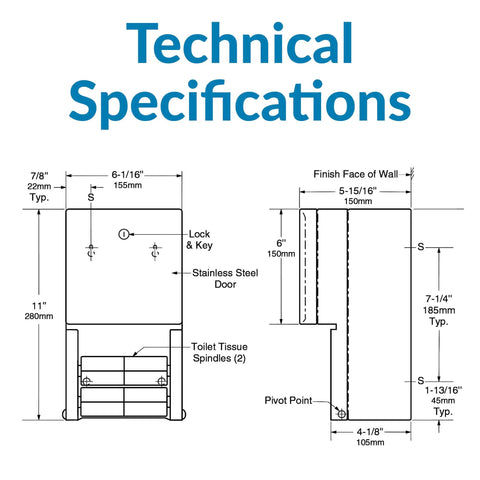 Technical specifications for Surface Mounted Dual Roll Toilet Paper Dispenser In Satin Stainless Steel, ADA Compliant