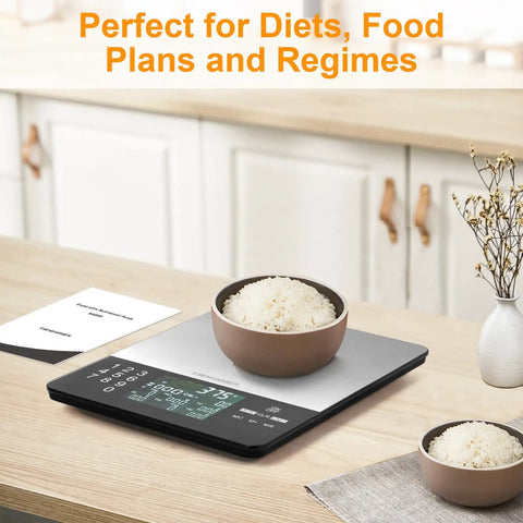Digital Kitchen Scale With Nutritional Calculator For Easy Calorie Counting And Meal Prep, bowl of rice on scale