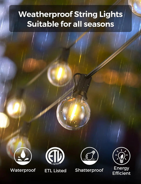Smart Outdoor String Lights 150Ft G40 Globe Bulbs With 75 LEDs, WiFi App Control, Alexa Enabled, in rain with icons