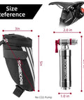 Size reference for Under Seat Bike Saddle Bag Ultralight Storage Pouch For Road Mountain Folding Bikes Easy Install Stays Put Under The Seat No Flap Compact Wedge Pack Ideal For Cyclists On Commutes And Weekend Rides, shown with dimensions and CO2 pump.